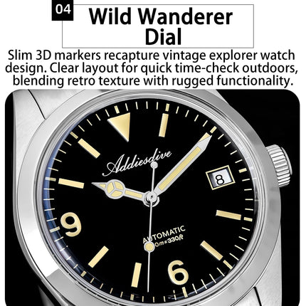 ADDIESDIVE AD2556 Men Luxury Automatic Watch ST2130 Movement 36mm Explorer Style Sapphire Bubble Crystal BGW9 Luminous 100M Wate