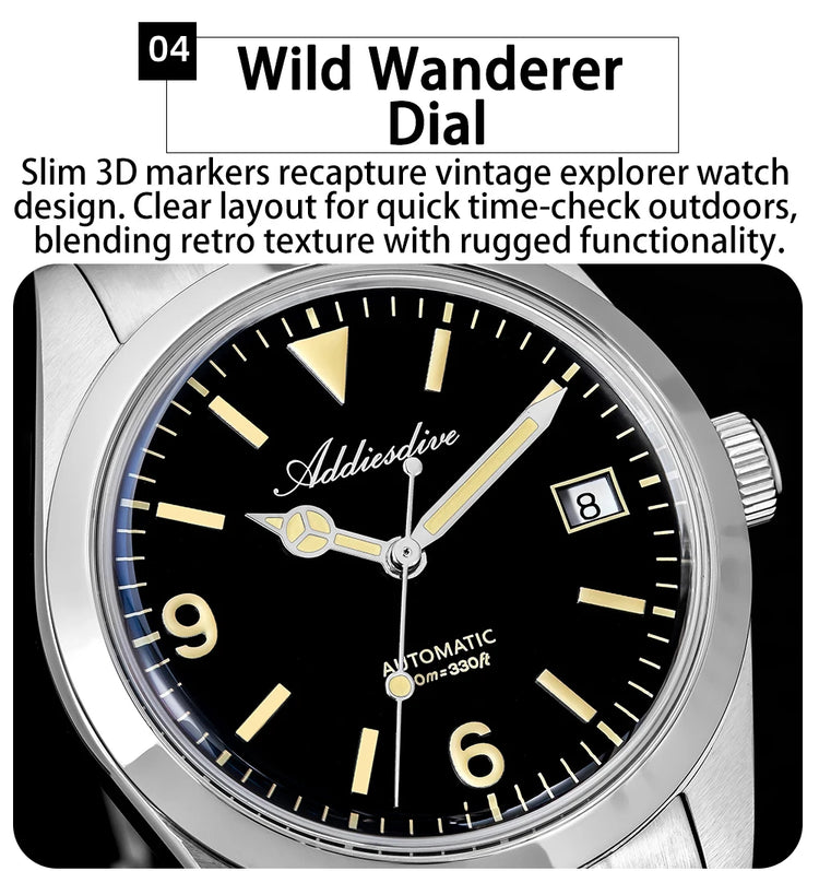 ADDIESDIVE AD2556 Men Luxury Automatic Watch ST2130 Movement 36mm Explorer Style Sapphire Bubble Crystal BGW9 Luminous 100M Wate