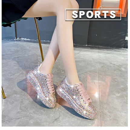 2025 Autumn Leather Women Shoes New Style Fashion Platform Shoes Ins Platforms Sneakers Tide Shine Bling Rhinestone Shoes