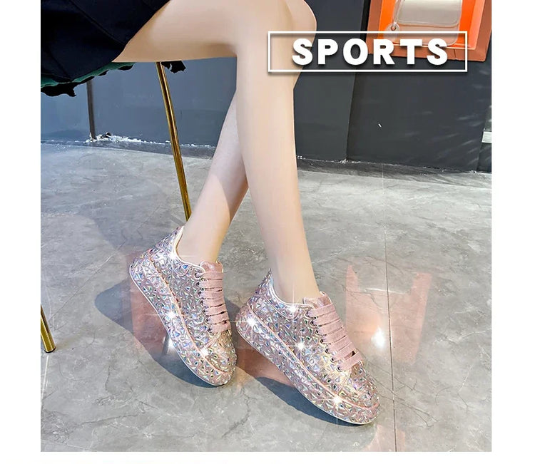 2025 Autumn Leather Women Shoes New Style Fashion Platform Shoes Ins Platforms Sneakers Tide Shine Bling Rhinestone Shoes