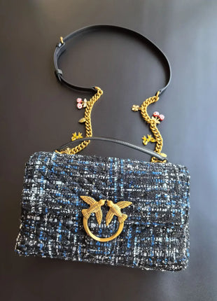 Nuova Borsa a Tracolla/Crossbody da Donna 2026 Ispirata a Pinko in Tweed con Cigno, in Vera Pelle