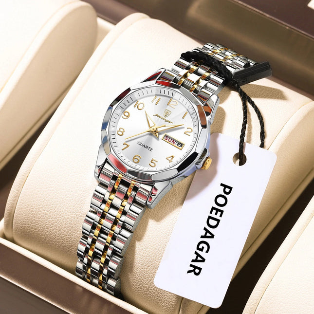 POEDAGAR elegante orologio da polso da donna al quarzo impermeabile luminoso data settimana orologio da donna orologi da donna casual in acciaio inossidabile reloj platinumshop