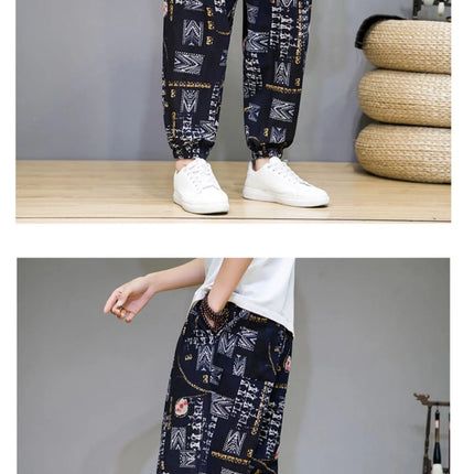 Pantaloni Primavera-Estate da Uomo in Stile Cinese, Sottili e Traspiranti in Cotone e Lino, con Vita Elastica, Pantaloni Harem Stampati Casual e Comodi