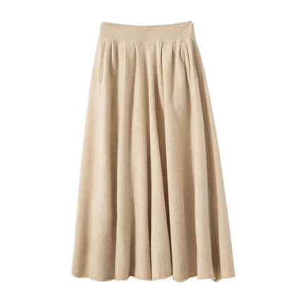 Classic Autumn Winter Wave Skirt 100% Cashmere Skirt Women A-Line Skirt Female Double Elastic Waist Pocket Warm Knit Long Dress PlatiNum