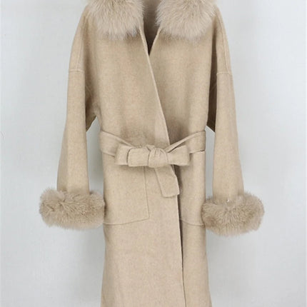 OFTBUY Omen Double Face Wool Coat Natural Fur Coat Wool Blend Jacket Winter Warm Elegant Long Sleeve Fur Cuffs Fashion Outerwear