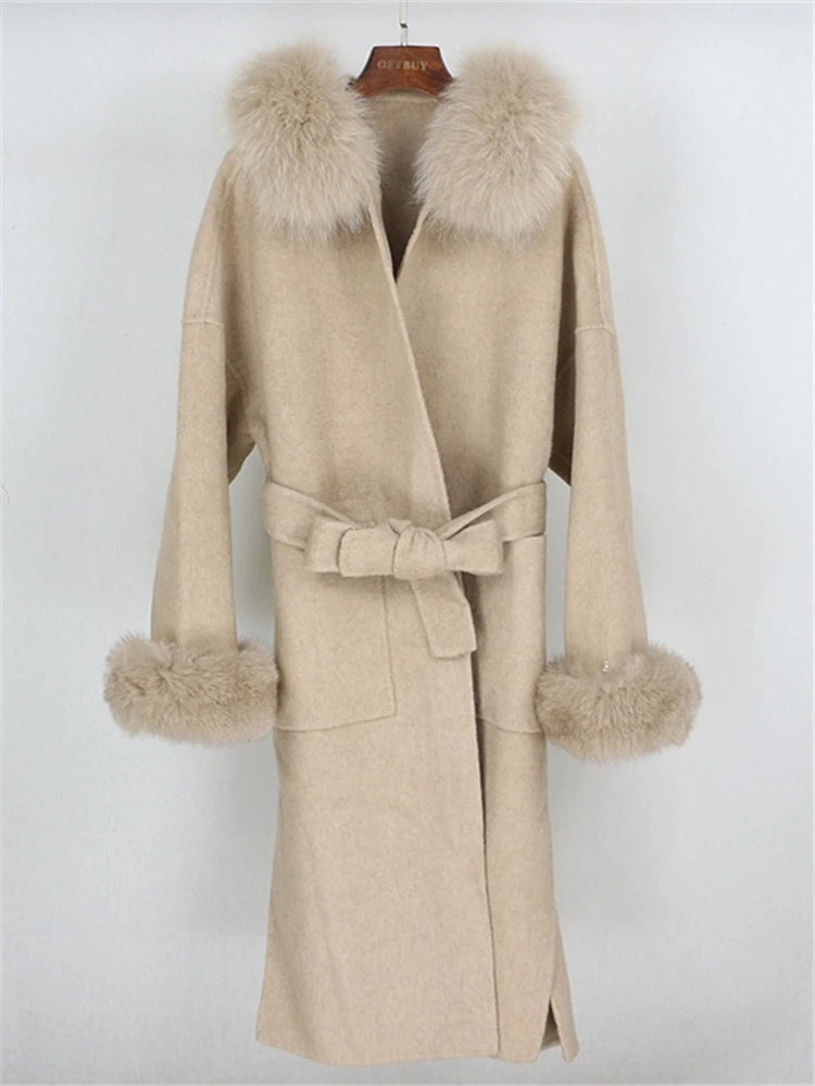 OFTBUY Omen Double Face Wool Coat Natural Fur Coat Wool Blend Jacket Winter Warm Elegant Long Sleeve Fur Cuffs Fashion Outerwear
