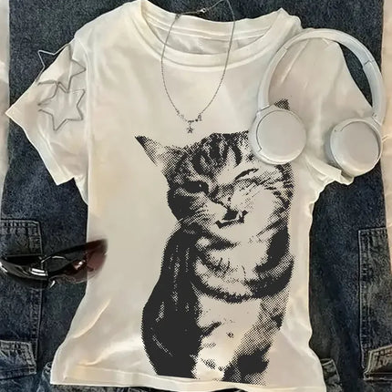 Magliette grafiche con lettere Harajuku estive Y2k Top Cat Print T-shirt oversize da donna High Street Streetwear T-shirt vintage