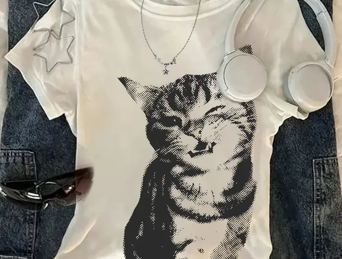Magliette grafiche con lettere Harajuku estive Y2k Top Cat Print T-shirt oversize da donna High Street Streetwear T-shirt vintage