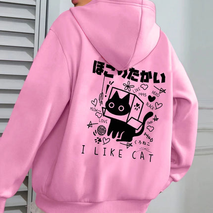 I Like Cat Heart Box Cat Print Women Hoody Autumn Fleece Hoodies Jogging Loose Streetwear Casual All-Match Female Hoodie