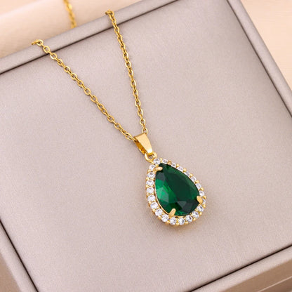 Nuovo In Vintage Light Luxury Green Water Drop zircone collana con ciondolo In cristallo per donna elegante catena da collo In acciaio inossidabile femminile