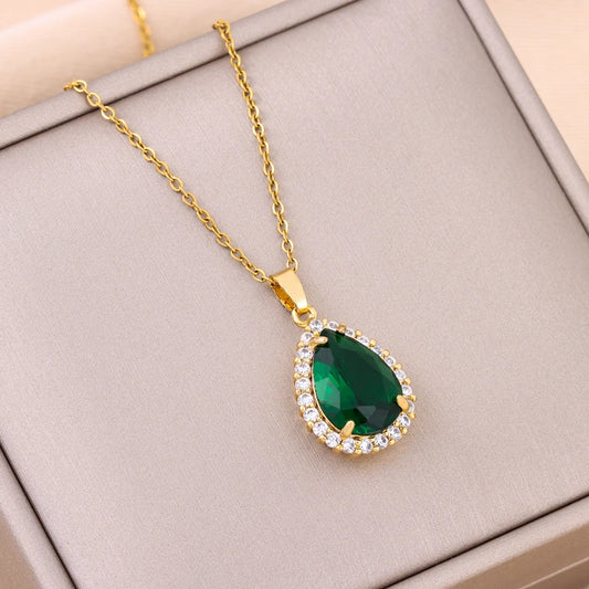 Nuovo In Vintage Light Luxury Green Water Drop zircone collana con ciondolo In cristallo per donna elegante catena da collo In acciaio inossidabile femminile