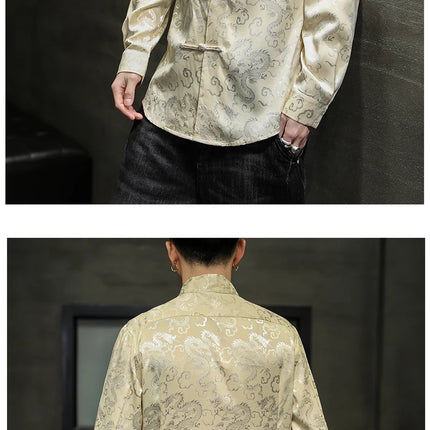 Giacca Tang di alta qualità da uomo camicetta con colletto alla coreana in argento elegante abbigliamento cinese rosso camicie Casual da uomo in raso di seta blu di grandi dimensioni
