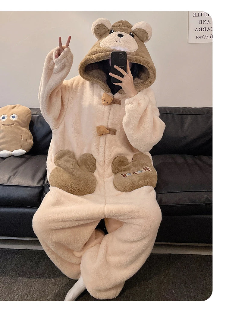 Winter Pajamas Cartoon Bear Costume Pijama Kawaii Adult Couples Kigurumis Sleepwear Jumpsuits Coral Fleece Loose Warm Homewear