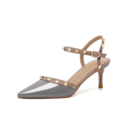 Lady autentici sandali in pelle cinturino con fibbia tacchi alti sottili scarpe alla moda Lock Gold Studs Dress Pumps 33-41 25cm White Blac