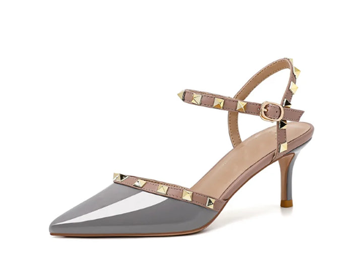 Lady autentici sandali in pelle cinturino con fibbia tacchi alti sottili scarpe alla moda Lock Gold Studs Dress Pumps 33-41 25cm White Blac