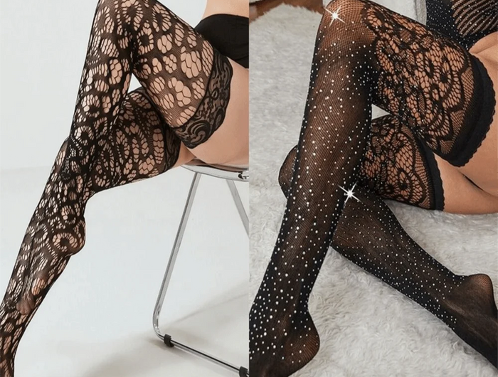 Calze a rete con strass tagliati in pizzo Maglia traspirante Collant a rete jacquard scavato Calzini a tubo lungo antiscivolo da donna