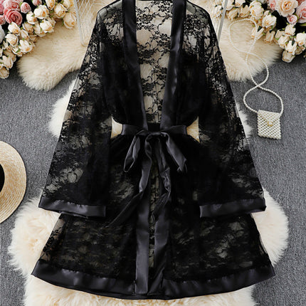 Vestido de talla grande de encaje negro con ribetes de satén: lazo en la cintura, tejido transparente para un elegante y sexy atuendo de estar en casa.seksi iç çama beheları kadın
