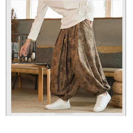 Pantaloni di alta qualità per uomo stile cinese fiore scuro velluto a coste Bloomers casual elastico in vita moda pantaloni larghi a gamba larga maschile