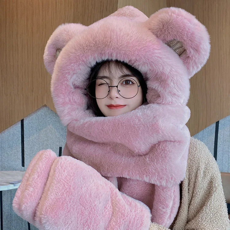 New Fashion Scarf Hat Glove Women Cute Big Ear Bunny Beanie Winter Warm Soft Thickening Pocket Warm Ear Hats Hooded Skullie Caps