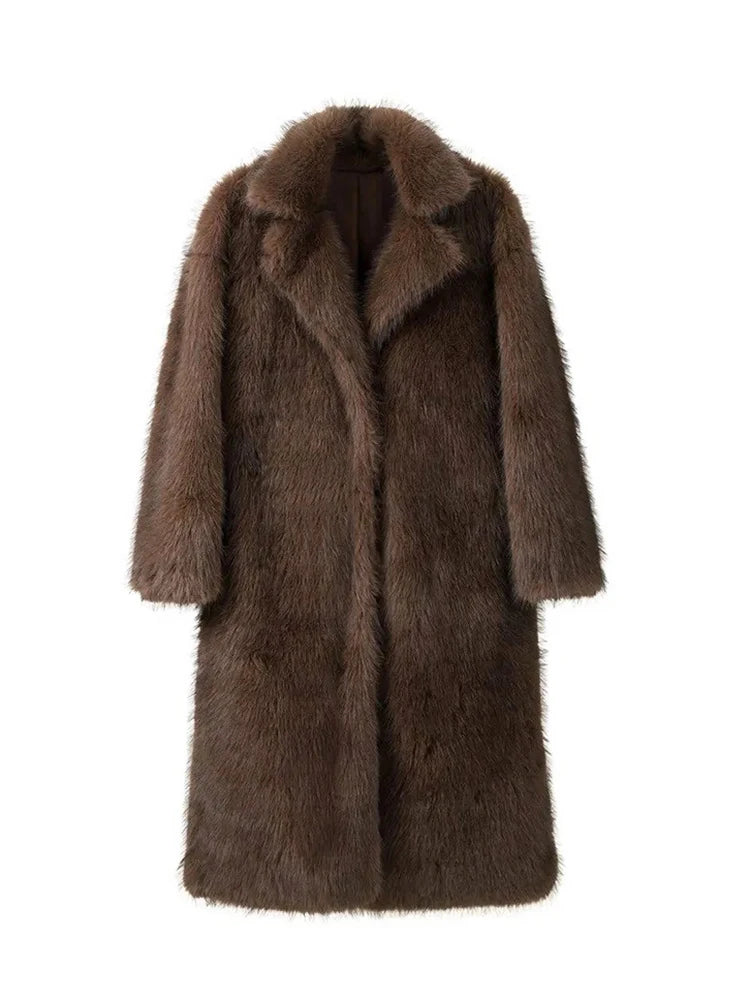 ZADORIN 120cm Super Long Luxury Winter Brown Faux Fur Coat Woman Elegant Belted Lapel Thick Fluffy Fur Jacket High Quality Coats
