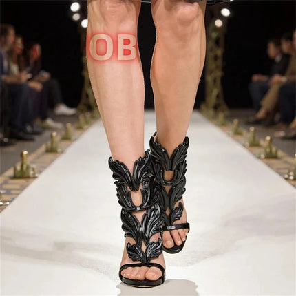 White Elegant Prom Heels Sandals Open Toe Leaf Wing Caged Sandals Chic Party Event Stiletto Shoes Stylish Party Footwear PlatiNum
