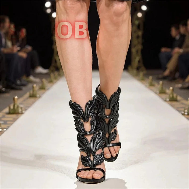 White Elegant Prom Heels Sandals Open Toe Leaf Wing Caged Sandals Chic Party Event Stiletto Shoes Stylish Party Footwear PlatiNum