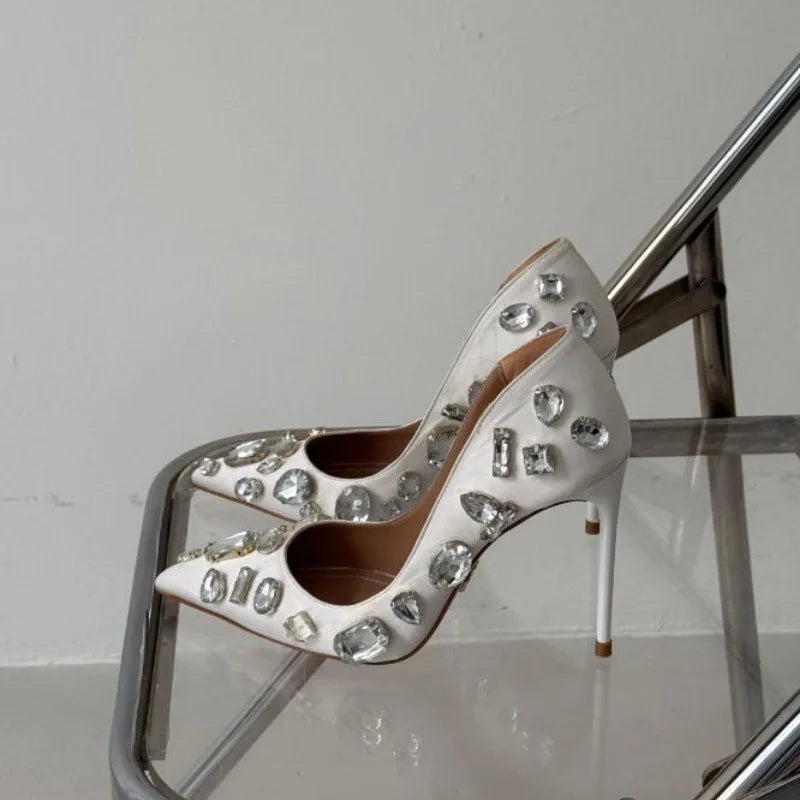 Autumn new pointed toe shallow silk rhinestone single shoes banquet dress large size thin heel high heel customized women's shoe