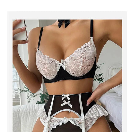 Pink See Through Lace Bra Panties with Garter Set Women's Sexy Lingerie Set Underwear Erotic Porn Costume Babydoll