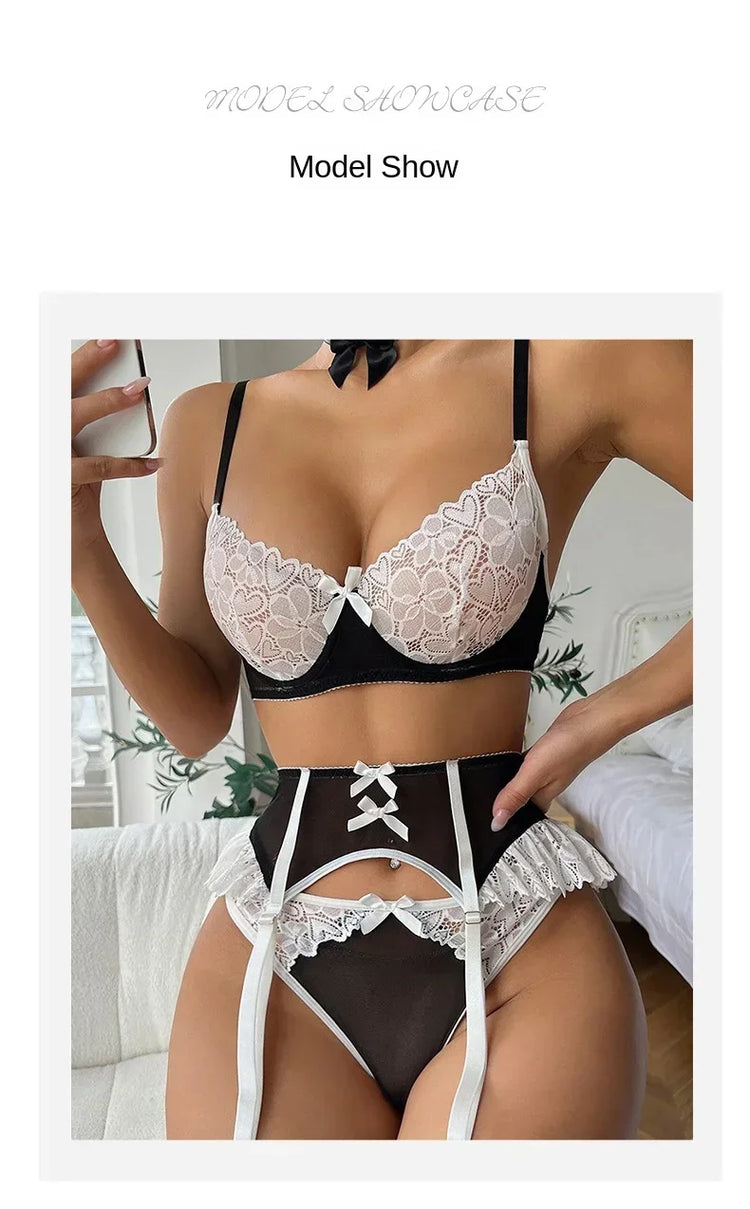 Pink See Through Lace Bra Panties with Garter Set Women's Sexy Lingerie Set Underwear Erotic Porn Costume Babydoll