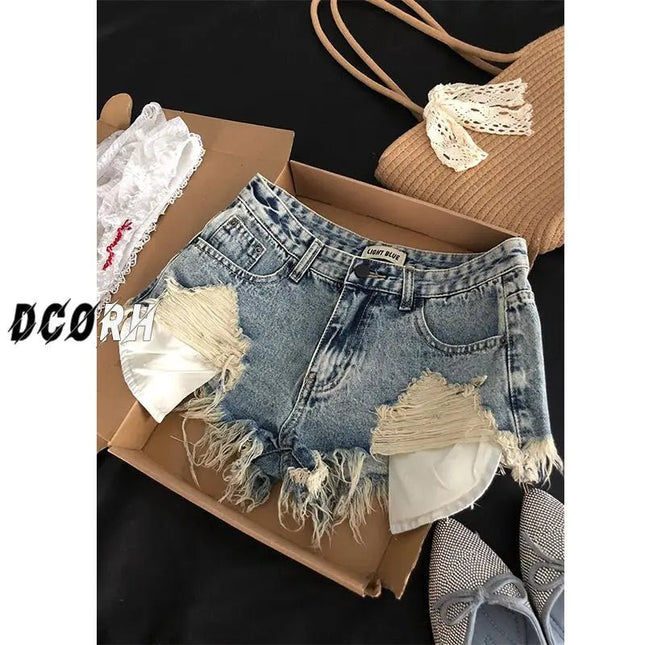 Shorts in Jeans Strappati da Donna, Design Retrò con Tasche e Bordi Sfrangiati, Stile Y2k, Aderenti e Super Corti - platinumshop