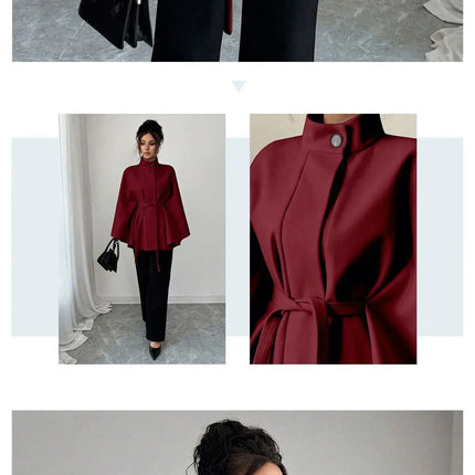 Elegant Stand Collar Tie Waist Cape Design Wool Coat, Coats for Women Spring Summer Outerwear with Chic Overcoat Style