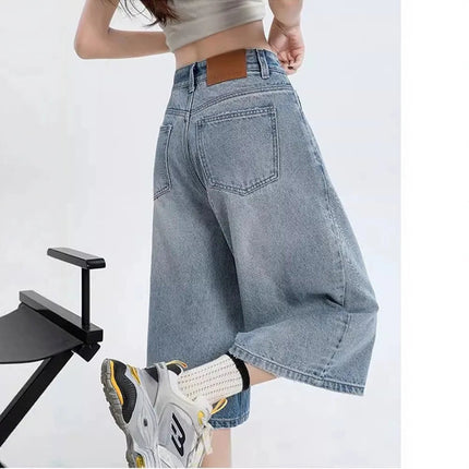 Women's Vintage Wide Leg Denim Capri Pants Shorts Summer New Plus Size Tummy Control Loose Straight Leg Casual Streetwear PlatiNum