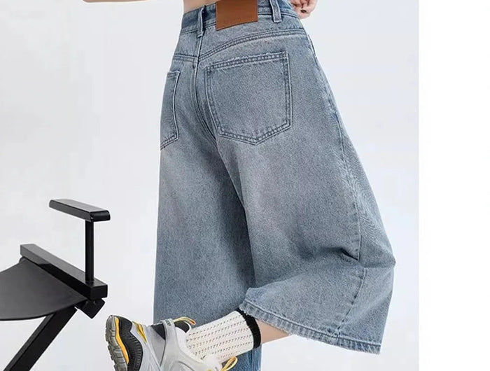 Women's Vintage Wide Leg Denim Capri Pants Shorts Summer New Plus Size Tummy Control Loose Straight Leg Casual Streetwear PlatiNum
