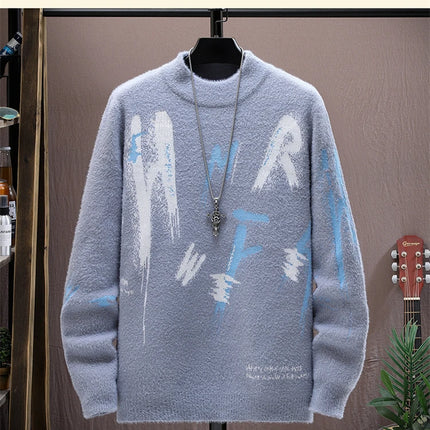 Winter Plaid Mink Cashmere Sweater Men Half Turtleneck Mens Sweaters Top Quality Pull Homme Thick Warm Pullover Men