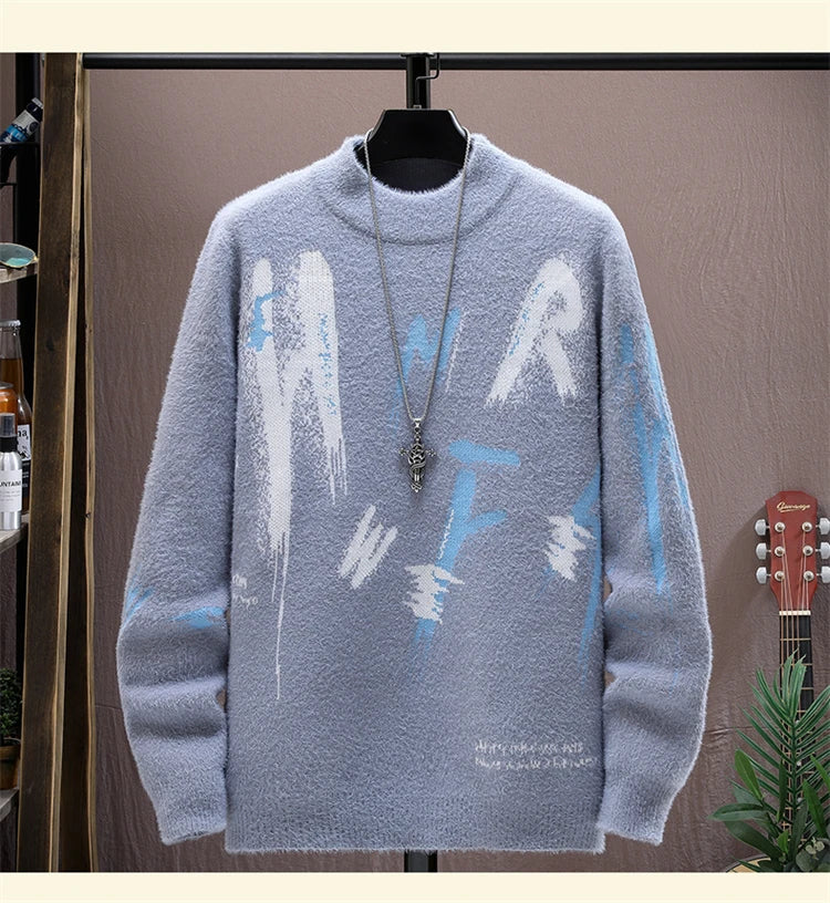 Winter Plaid Mink Cashmere Sweater Men Half Turtleneck Mens Sweaters Top Quality Pull Homme Thick Warm Pullover Men