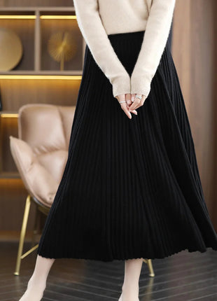 100% Merino Wool Women’s Knitted Skirt Spring Autumn Winter  Long Pleated Grace Skirts High Waist A-Line Cashmere Comfortable PlatiNum