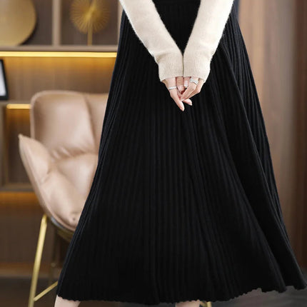 100% Merino Wool Women’s Knitted Skirt Spring Autumn Winter  Long Pleated Grace Skirts High Waist A-Line Cashmere Comfortable PlatiNum