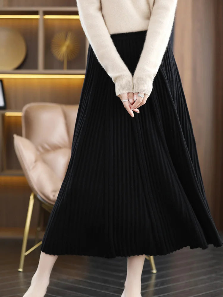 100% Merino Wool Women’s Knitted Skirt Spring Autumn Winter  Long Pleated Grace Skirts High Waist A-Line Cashmere Comfortable PlatiNum