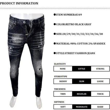 Street Fashion Men Jeans Retro Black Gray Elastic Slim Ripped Jeans Men High Quality Brand Designer Vintage Denim Pants Hombre PlatiNum