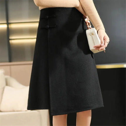 Winter Woolen Midi Irregular Split Skirt Red Elegant High Waisted Buckle Basic Wool Skirts Female Casual Thick Warm A-Line Skirt PlatiNum