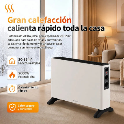 2000W Electric Convector Heater for Home, Portable Heater with Adjustable Thermostat and 2 Power Levels, Coverage of 20-32m², Durable Metal Body, White and Black