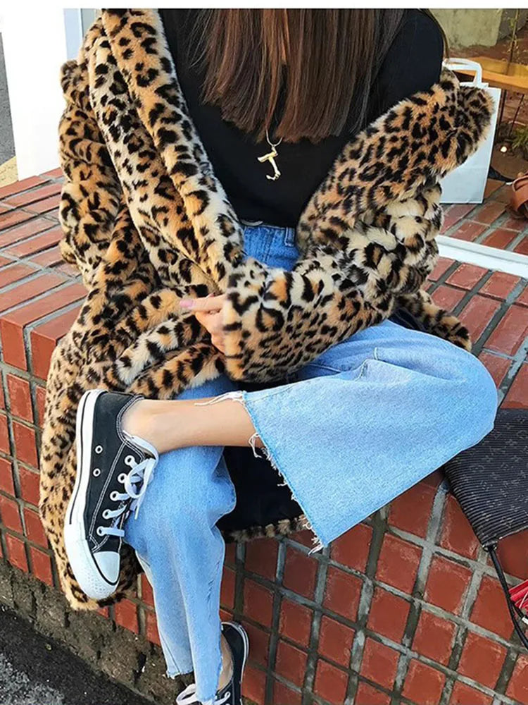 ZADORIN Winter Long Fluffy Leopard Print Jacket Women Lapel Warm Faux Fur Coat Women Korean Fashion Loose Fur Jacket Outerwears