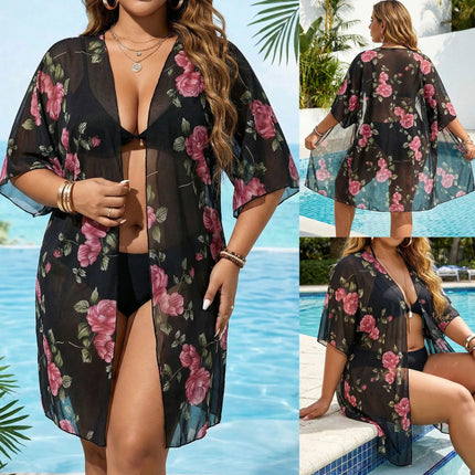 Cardigan da Spiaggia Plus Size da Donna con Ampia Stampa Floreale e Maniche a Pipistrello in Rete, Copricostume Sexy Trasparente e Morbido platinumshop