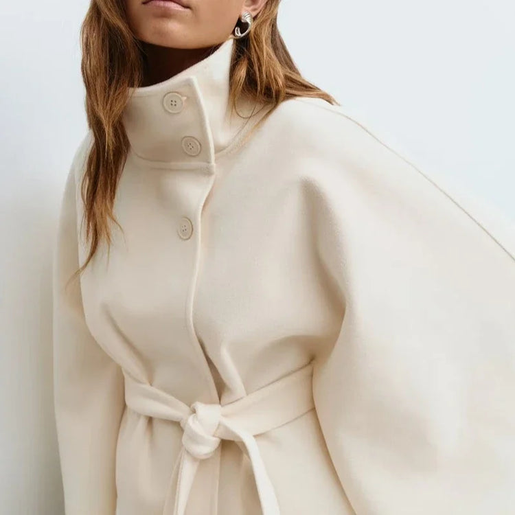Stand Collar Lace Up blend fiber Coat Women's Fashion Long Batwing Sleeve Solid Single Breasted Cape Coat Autumn Winter Outfits