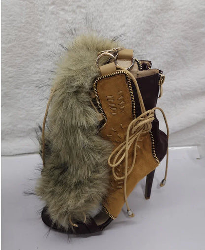 Open Toe Furry Sandals Boots Cutouts Lace Up Stiletto 12Cm High Heels Sewing Vintage Embodied Cover Heel Sexy Women Spring Shoes