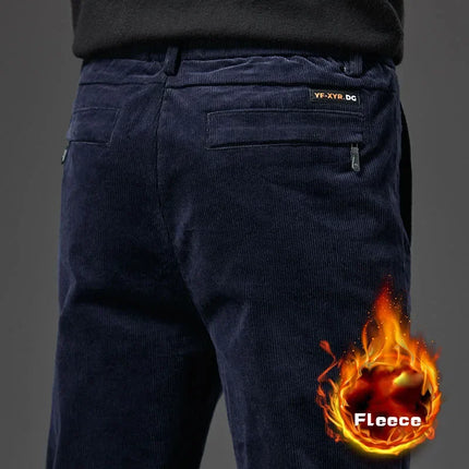 Winter Men's Corduroy Velvet Pants Thickened Fleece Slim Fit Versatile Business Long Pants Cozy Plush Warm Trousers Male