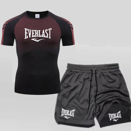 EVERLAST Men's Compress Shirt + 2-in-1 sports shorts 2pcs Set Leisure Breath Short Sleeve Sport Jogging Gym Brand Print Clothing platinumshop