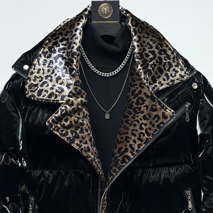 High-End Leopard Print Splicing Faux Two-Piece Parkas Men 2025 Winter New Parkas Thickened Warm Stylish Long Sleeve Chic Jackets