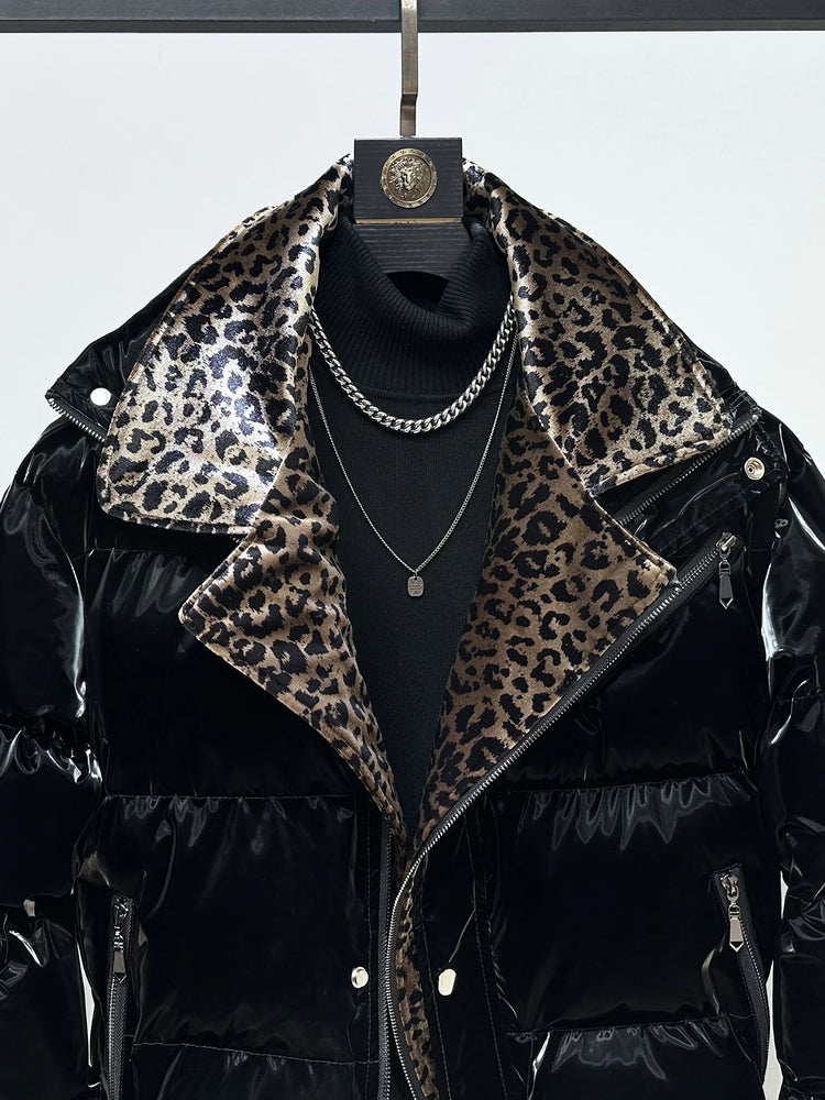 High-End Leopard Print Splicing Faux Two-Piece Parkas Men 2025 Winter New Parkas Thickened Warm Stylish Long Sleeve Chic Jackets