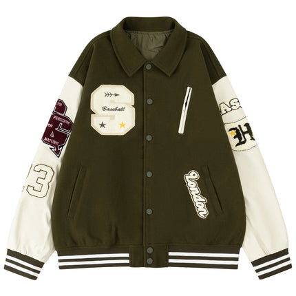 Men's Letterman Jacket Vintage Varsity Coat Patchwork Baseball Streetwear Outerwear with Faux Leather Sleeves & Fine Embroidery